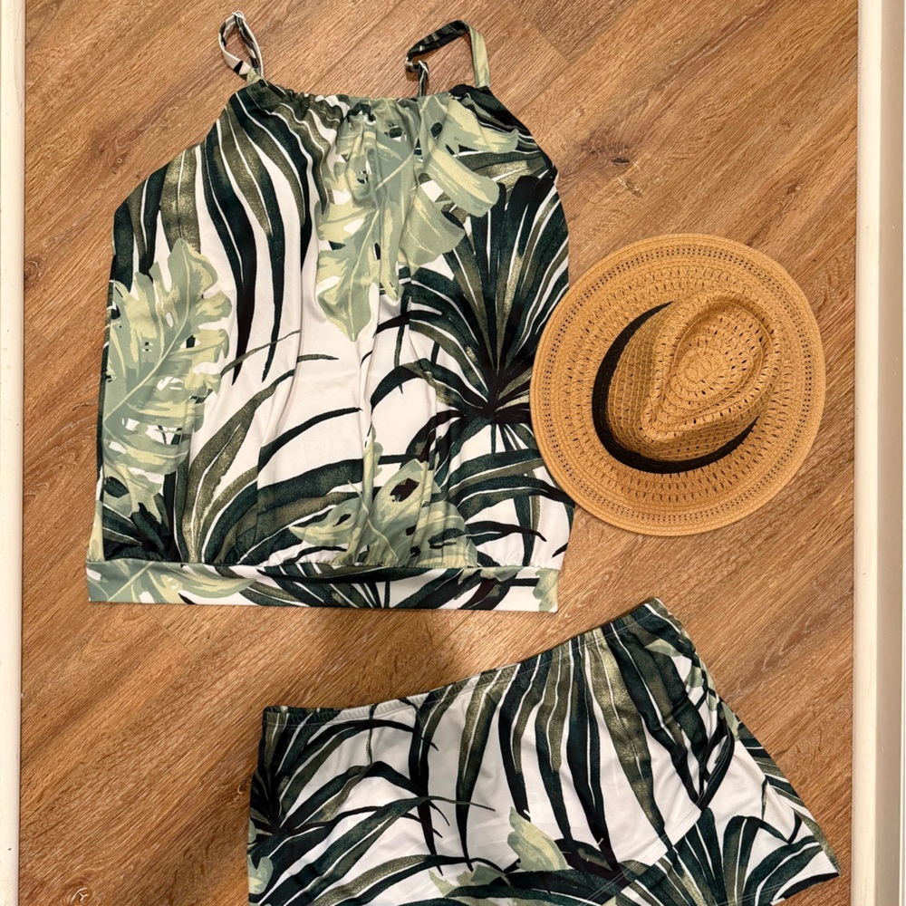 Cacique Tropical Palm Print Two-Piece Bikini Set in Green and White